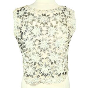 1960s Vintage Tesoro cream sequi pearl top. Sheer floral scallop hem sz 34 M-L